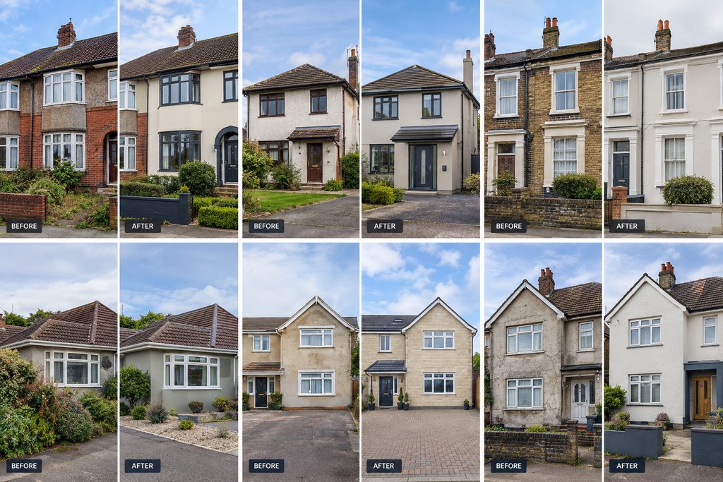 Six before-and-after pairs of Surrey-style houses: a pebbledashed 1930s semi re-rendered in cream, a pebbledashed detached house in light grey, a Victorian brick terrace rendered white, a bungalow in soft sage, a stained detached house in stone, and a cracked semi re-rendered in white